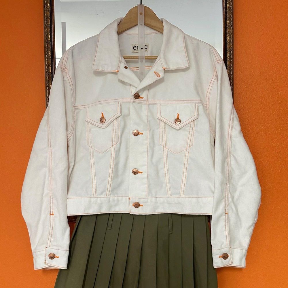 NWT Etica White Orange Contrast Stitch Cropped Corduroy Trucker Jacket Sz M